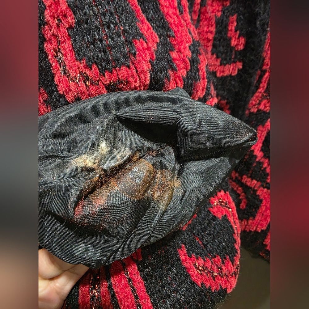 Vtg Red Black Gold Shimmer Coatigan Quilted Lined Cardigan Blazer Fur Collar - Picture 6 of 14